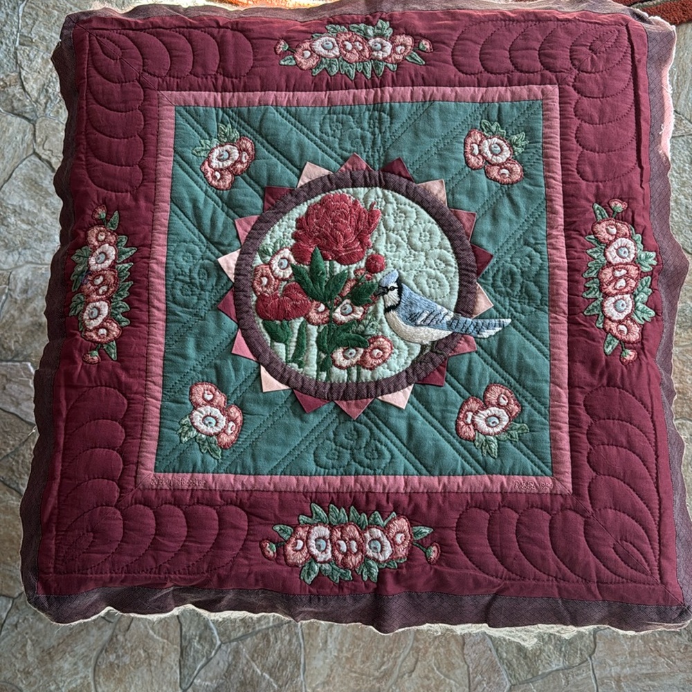 Quilted Appliqué Embroidered Floral Blue Bird Pillow Cover Wall Hanging Unfinish